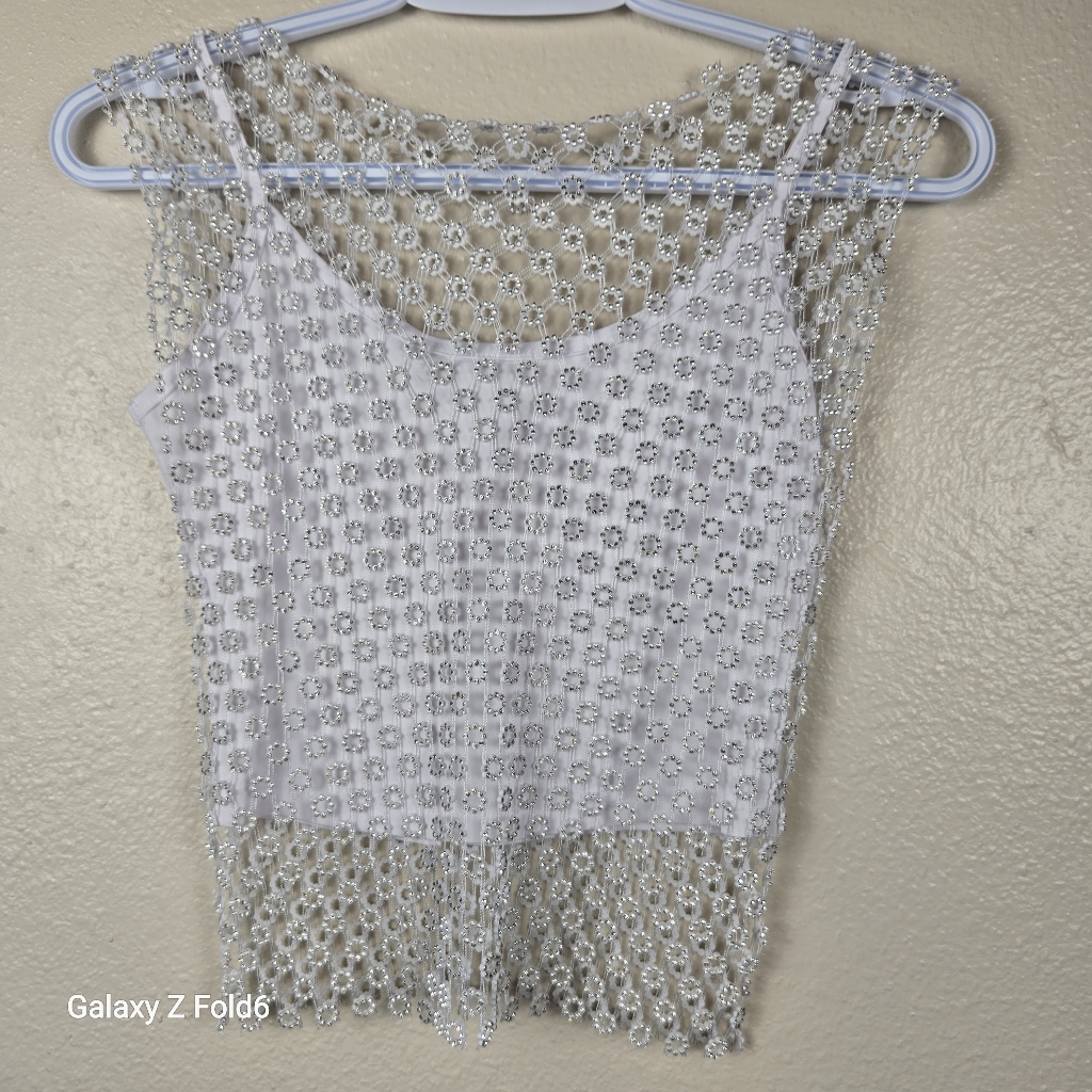 House Of Harlow 1960 White Beaded Mesh Crop Top — image 2 of 8